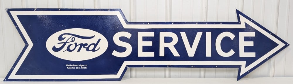 6ft SSP Ford Service Die-cut Arrow Dealership Style Replica Advertising Sign: Large single sided porcelain Ford Service die-cut arrow replica advertising sign. Appears to be in nice condition with some porcelain loss, scratches, and wear from display and storage. It measures