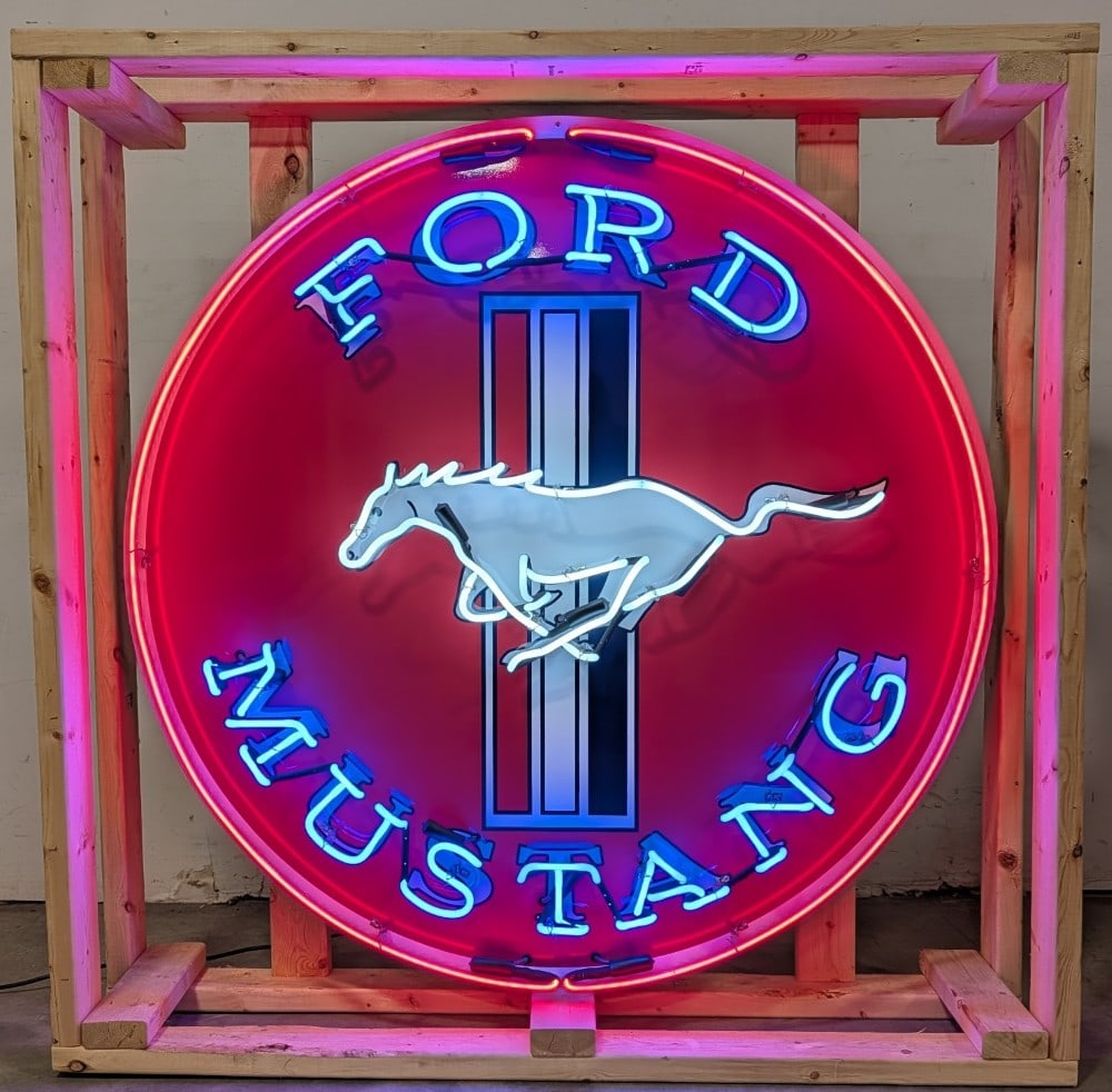 4ft Custom Ford Mustang Neon Sign: Single sided tin custom Ford Mustang neon advertising sign. Sign features high gloss shine, new neon glass,and transformers. Easily displayed with die cut can featuring hanging brackets. Has been