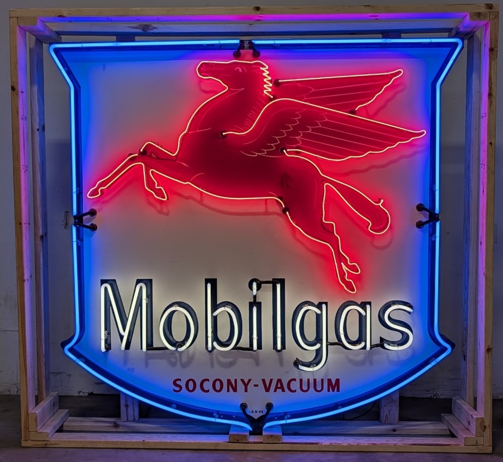 6ft Vintage Mobilgas Shield Neon Sign w/ Flasher: Incredible vintage single sided porcelain Mobilgas neon advertising sign. It features an original single sided porcelain shield sign with newly added can and neon. Sign appears to be in good