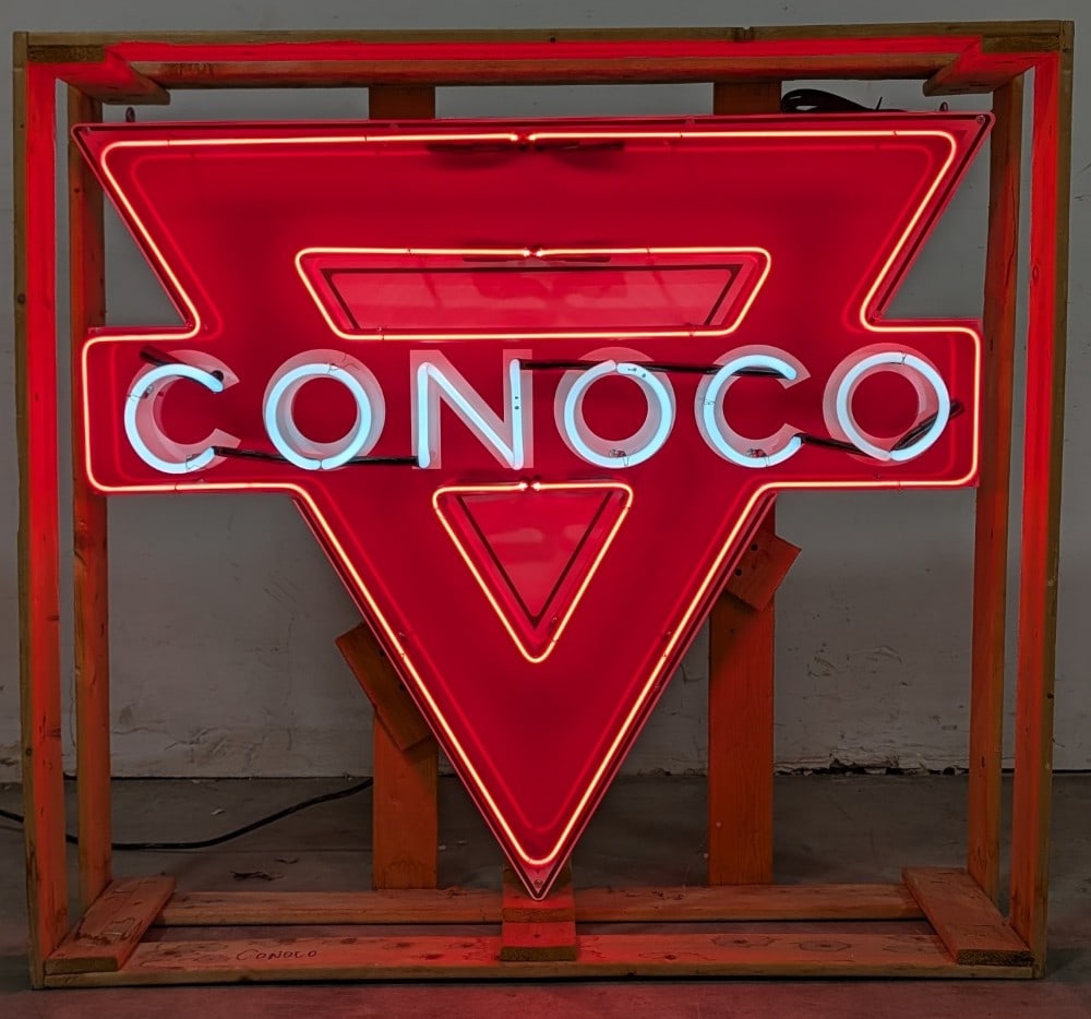 3ft Custom CONOCO Gas Station Neon Sign: Single sided custom CONOCO neon advertising sign. Sign features high gloss shine, new neon glass,and transformers. Easily displayed with die cut can featuring hanging brackets. Has been nicely crated