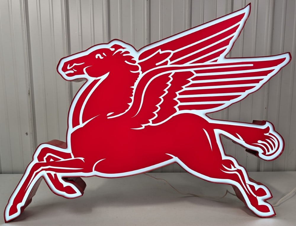 3-1/2ft Mobil Pegasus Custom Lighted Service Station Sign: Custom Mobil Pegasus lighted service station sign with metal can and plastic / acrylic face. Appears to be in nice condition with light wear from display and storage. It measures approximately
