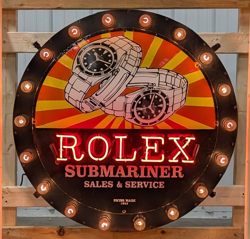 3ft Custom SSP Rolex Submariner Watches Sales & Service Neon Sign w/ Animated Light Bulbs: Incredible custom Rolex Submariner Watches Sales and Service neon sign with animated flashing theater bulbs. It features a single sided porcelain face and metal can. Appears to be in nice working cond