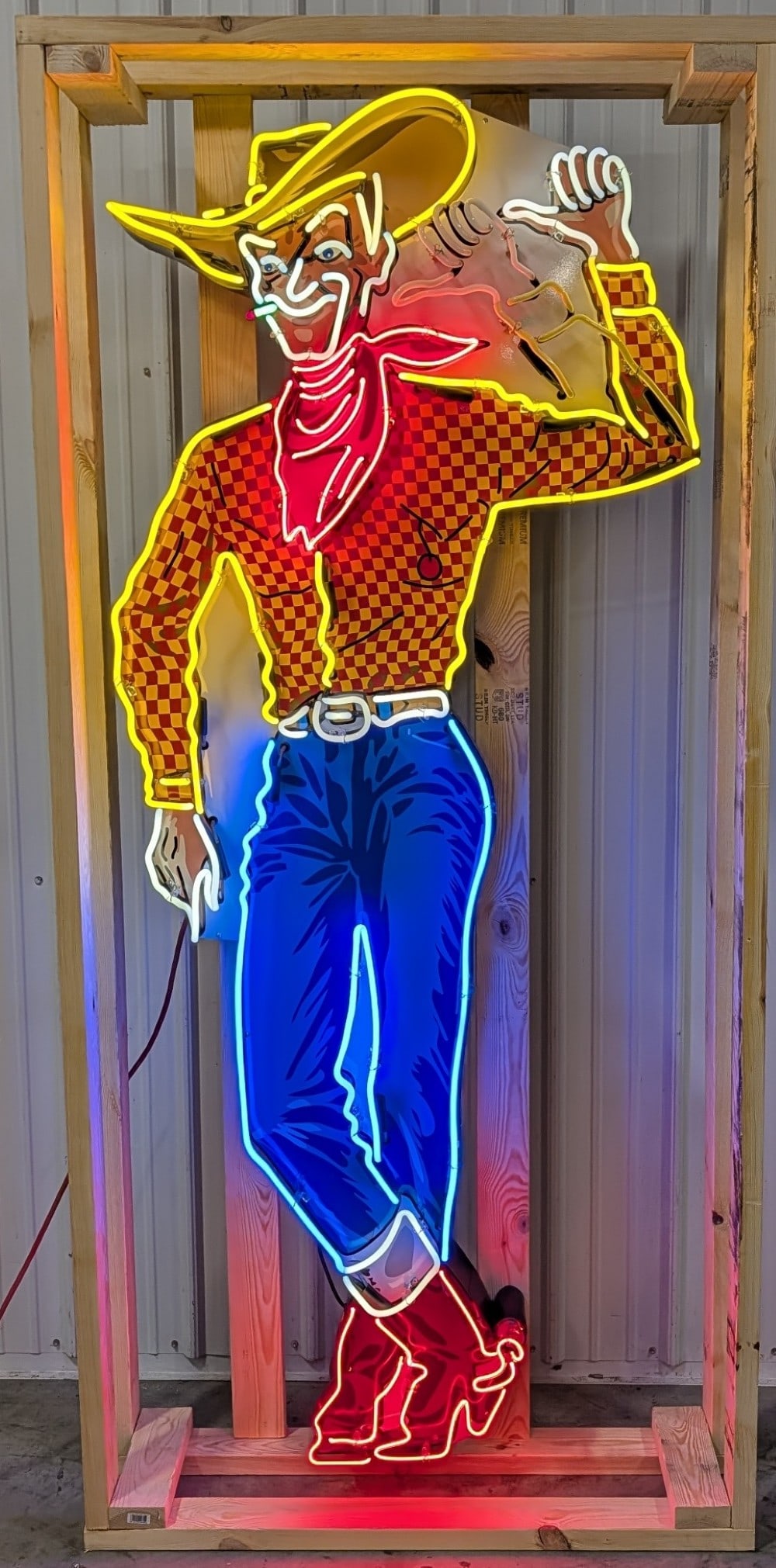 7ft Custom Las Vegas Vic Neon Sign w/ Animation: Single sided tin custom Las Vegas Vic neon advertising sign with animated flashing arm. Sign features high gloss shine, new neon glass, and transformers. Easily displayed with die cut can featuring ha