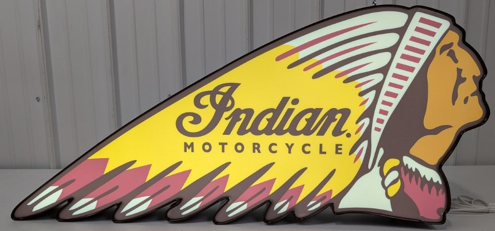 3-1/2ft Indian Motorcycle Lighted Dealership Style Custom Advertising Sign: Large custom Indian Motorcycle lighted dealership style sign. It features a metal can and plastic / acrylic face. Appears to be in nice working condition with some scratches and wear form display and