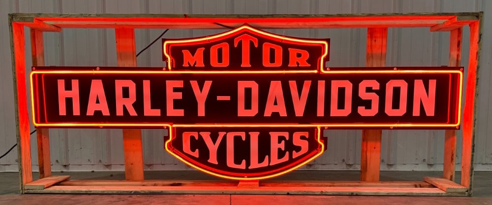 6ft Custom Harley-Davidson Motorcycles Neon Advertising Sign: Custom Harley-Davidson Bar & Shield neon advertising sign. The sign features new neon glass, transformers, and wiring on a metal can with hanging brackets. Easily displayed and transported with wooden