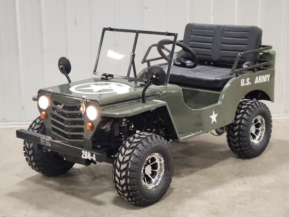 U.S. Army Jeep Gasoline Go kart: Sells with No Reserve! 120cc Gasoline Engine 3 Speed Automatic With Reverse Brand New! Runs And Drives VIN L3AMHBW0PZ030007 REDUCED ONLINE BUYER'S PREMIUM OF 15% ON THIS LOT
