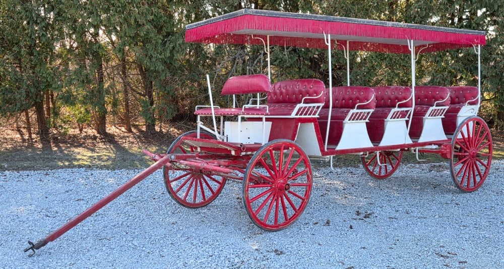 Selle Gear Company 10 Passenger Horse Drawn Carriage: Sells with No Reserve! 5 bench seats plus the drivers seat Turntable style steering? Selle Gear Company marked steps Full length top Modified hitch made for being pulled with truck or tractor Some