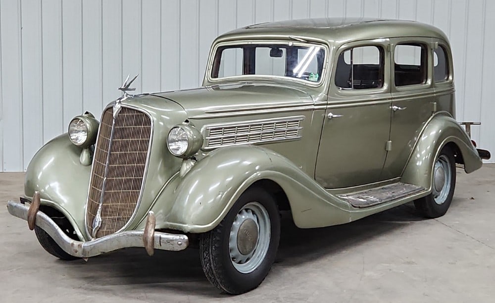 1935 Hudson Super Six: Sells with No Reserve! From the Heartland Collector Car Collection 212 Cubic Inch 3.5 Liter L-Head Inline 6 Cylinder Gasoline Engine 3 Speed Manual Transmission Engine Runs When Nursed at Carburetor