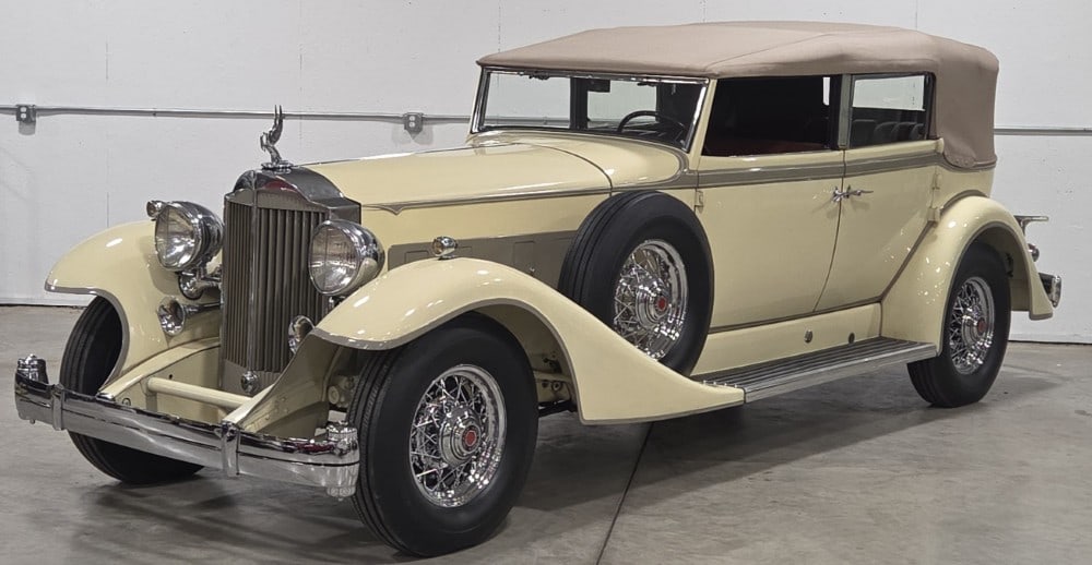 1933 Packard Super Eight Convertible Sedan: 1933 Packard Super Eight Convertible Sedan Dietrich-designed Convertible Sedan coachwork 384.8 CI inline 8-cylinder engine rated at 145 HP Two-tone cream and khaki exterior Caramel leather interior