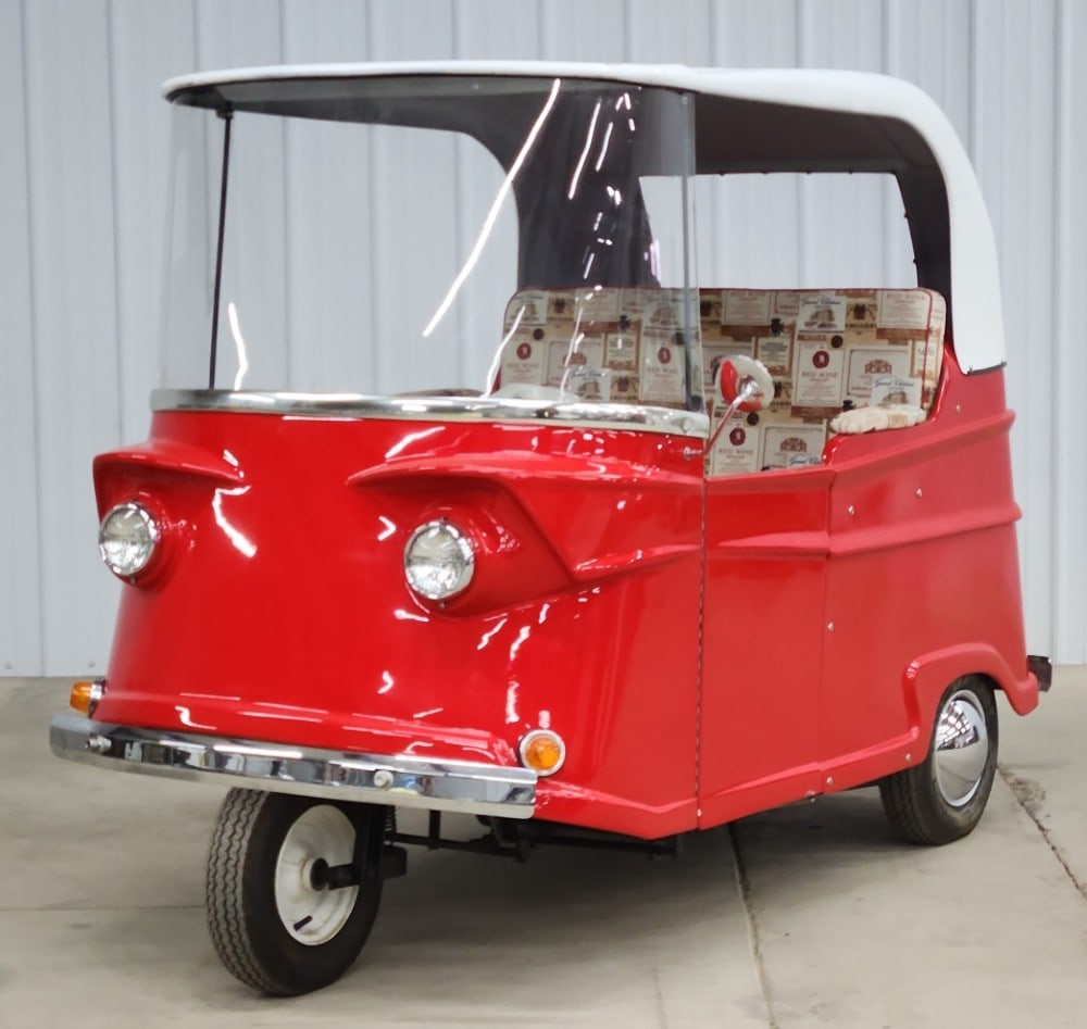 1960 Taylor-Dunn Trident Electric Runabout: Sells with No Reserve! 3-wheel electric runabout produced in California by R.D. Taylor Sr. 1 of an estimated 50 thought to still exist Rebuilt with a 24-volt onboard charger Red with a White top