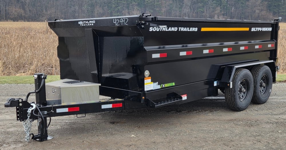 Brand New 2026 Southland 16' Hydraulic Dump Trailer: 17,597 GVWR, Tandem Axle, Aluminum Ramps, Debris Tarp, Side Step, ST235/85R16G Tires, 16x6 K Rims, 2-5/16" Ball Hitch, includes Spare Tire, BLACK, Model #SL714-16KHS VIN: 2SFKL4361T1142992 *Certificat