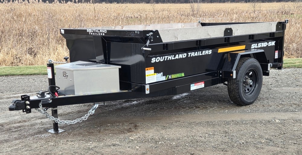Brand New 2026 Southland SL510-5K 10' Hydraulic Dump Trailer: 5732 lbs. GVWR, 5'W, Single Axle, Debris Tarp, Aluminum Ramps, Front Tool Box, ST225/75R 15D Tires, 16x6 J Rims, includes Spare Tire, BLACK, 2-5/16" Ball Hitch VIN: 2SFDL2267T1136466 *Certificate of O