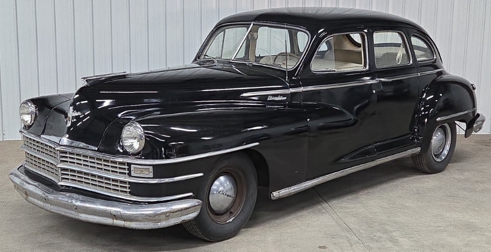 1948 Chrysler Windsor Sedan: Sells with No Reserve! From the Heartland Collector Car Collection 205 Cubic Inch 3.4 Liter Flathead Inline 6 Cylinder Gasoline Engine 3 Speed Column Shift Manual Transmission Odometer Reads 88505