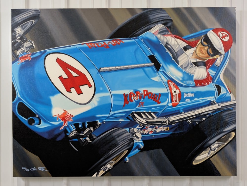 4ft Colin Carter "Classic Duel" Rathmann Racing Signed Numbered Canvas Art Print 020 / 250: Large Colin Carter “ Classic Duel “ Jim Rathmann limited edition canvas art print. It is signed and numbered 020 of 250. Appears to be in good condition with some discoloration, scuffs, and wear f