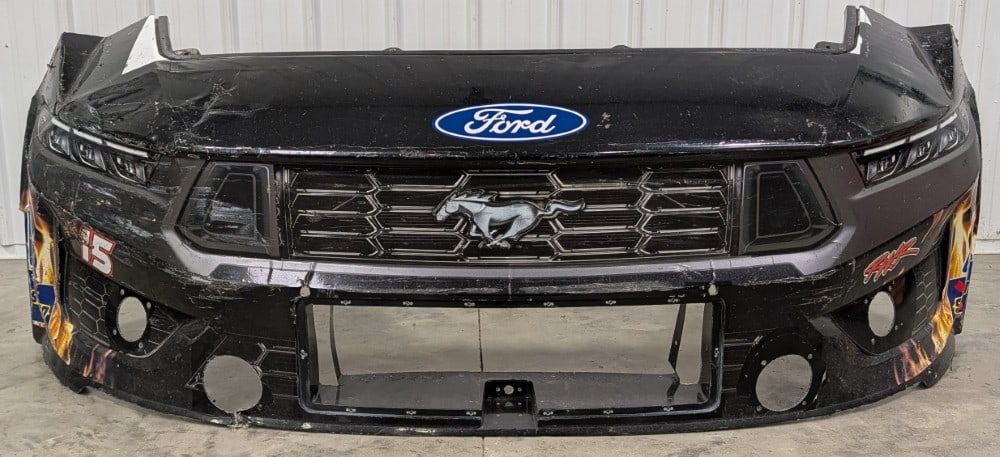 Cody Ware's NASCAR Meat N Bones No.15 Ford Mustang Race Used Front Clip: Cody Ware's NASCAR race used Ford Mustang? Front Clip. Has scratches, paint / decal loss, other race damage and wear. Displays well