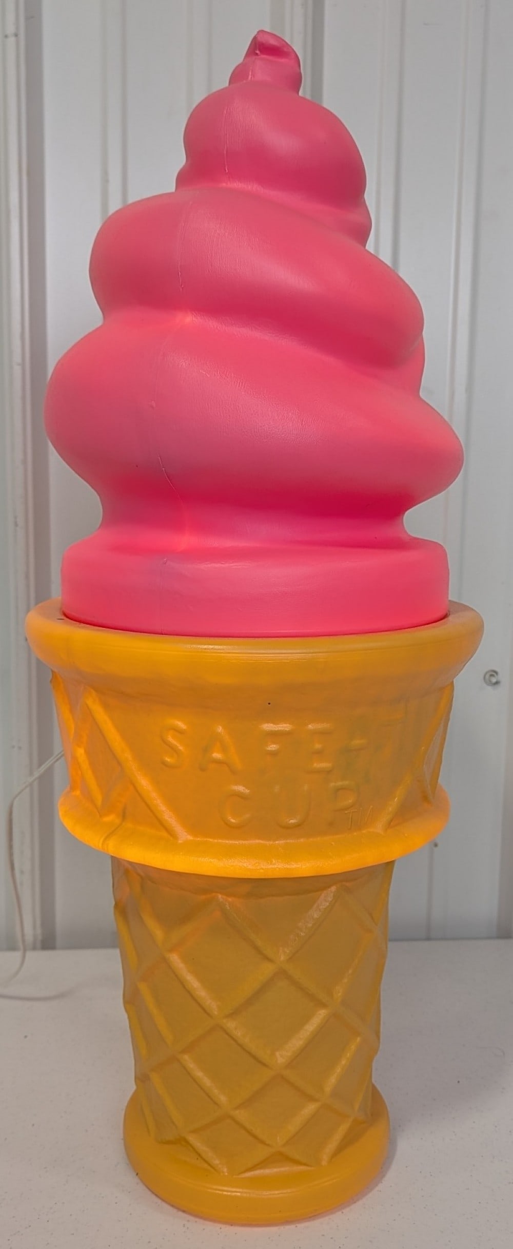 Giant Safe-T Cup Blow Mold Lighted Ice Cream Cone: Giant lighted Safe-T Cup advertising blow mold strawberry soft serve ice cream cone. Appears to be in nice condition with light wear from storage and display. Overall it measures approximately 26" tal
