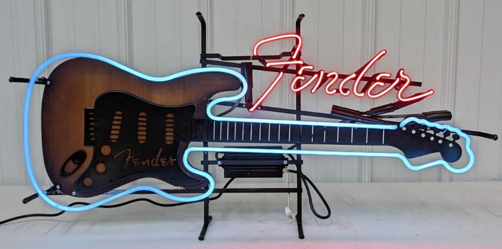 Custom Fender Stratocaster Neon Sign: Custom Custom Fender Stratocaster 2-Color Neon Sign. Looks and works great. Overall measures 17-1/2" tall x 37" across.