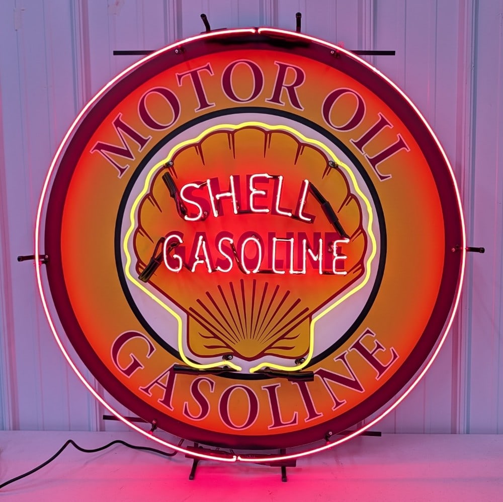 Custom Shell Gasoline Two-Color Neon Sign: Custom "Shell Gasoline" Two-Color Neon Sign. Looks and works great. Overall measures 38-1/4" tall x 38" across.