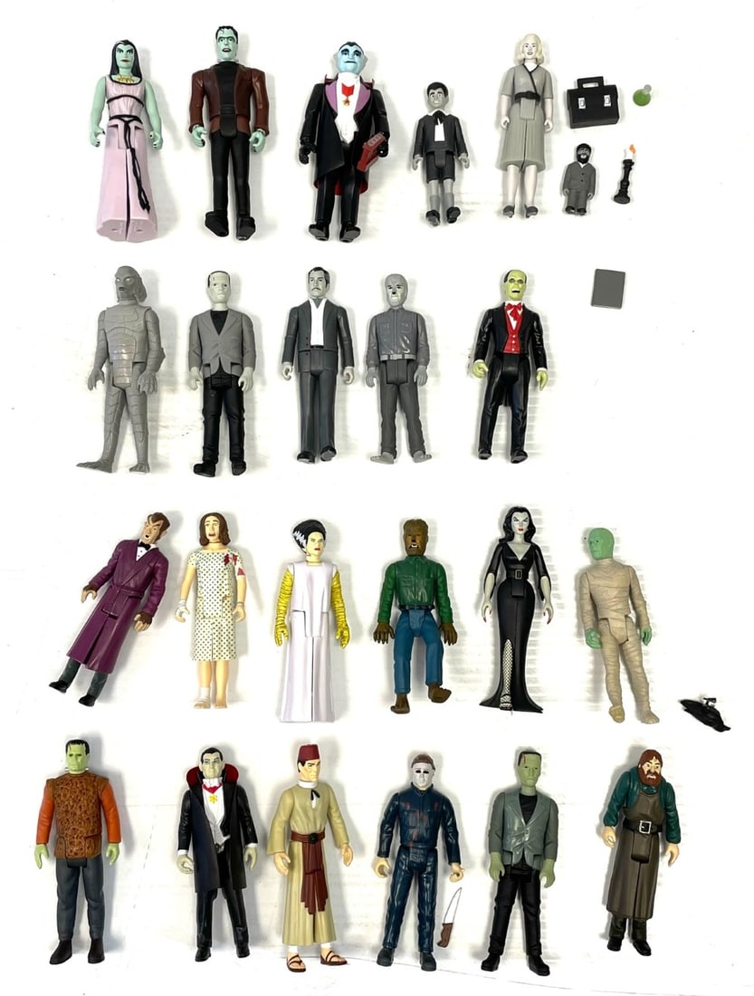 (22) Super 7 Re Action Horror Action Figures: (22) Super 7 Re Action Horror Action Figures. Figures include Munsters, Black and White and more figures with Accessories. Figures Measure 3 3/4