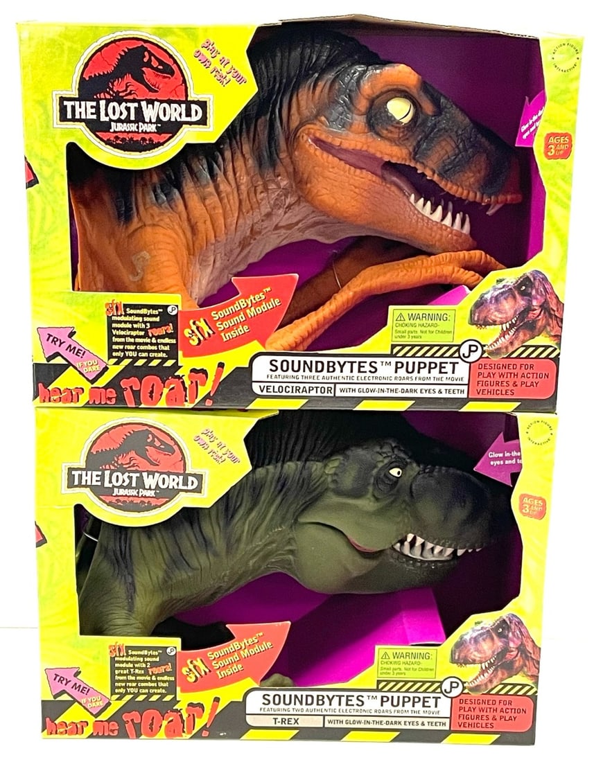 (2) 1997 The Lost World Jurassic Park Puppets: (2) 1997 The Lost World Jurassic Park Puppets Velociraptor and T-Rex New in Box Boxes are in overall good condition.