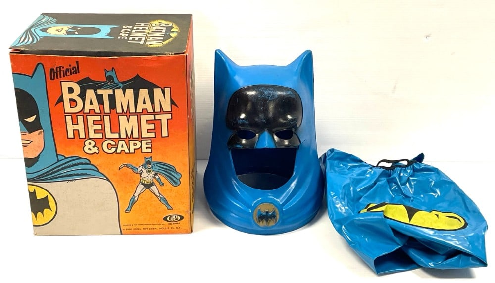 1966 Ideal Batman Helmet & Cape: 1966 Ideal Batman Helmet & Cape With Original Box, Helmet, and Cape. Helmet has some Paint Chipping, Cape is in Overall good condition. Box is in overall good condition.