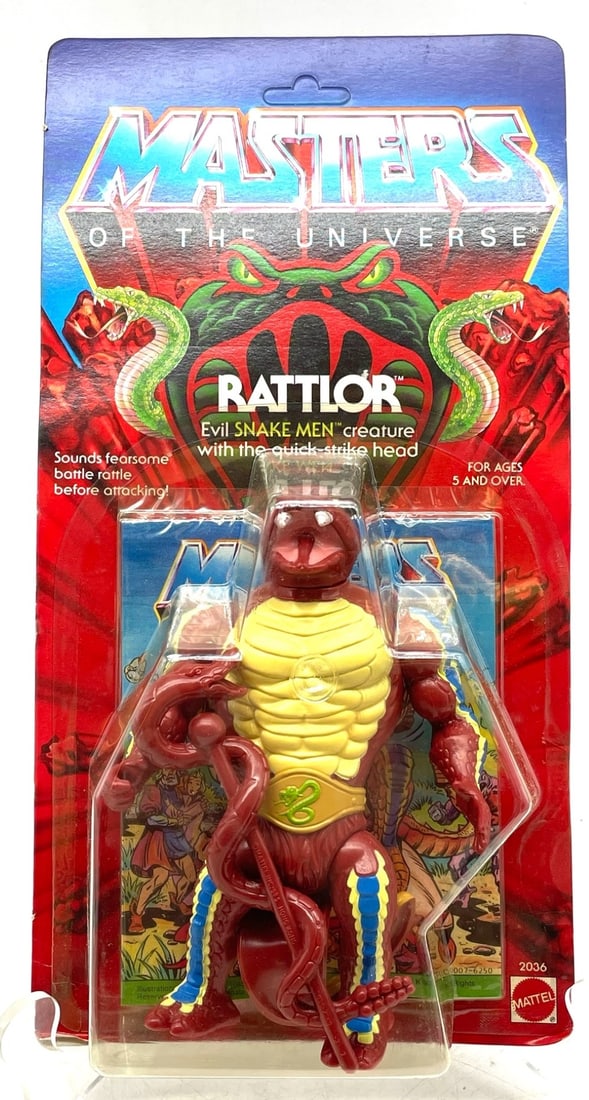 1985 Masters of the Universe Rattlor Figure: 1985 Mattel Masters of the Universe Rattlor Figure. Packaging Corners are dented and Unpunched.