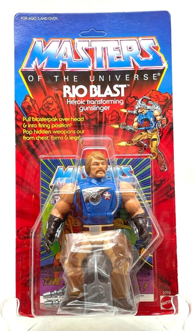 1986 Masters of the Universe Rio Blast: 1986 Masters of the Universe Rio Blast. Packaging has some edge-ware on Bottom, Bubble is Clear and Unpunched.