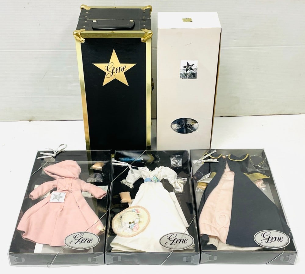Ashton Drake "Gene Bon Voyage" Doll with Wardrobe Truck and outfits: Ashton Drake Gene 5th Anniversary 2000 "Gene Bon Voyage" doll by Mel Odom #1829 15" tall. It comes with "What"s a Girl to Wear?" Wardrobe Trunk with Certificate of Authenticity and 3 outfits - Love's