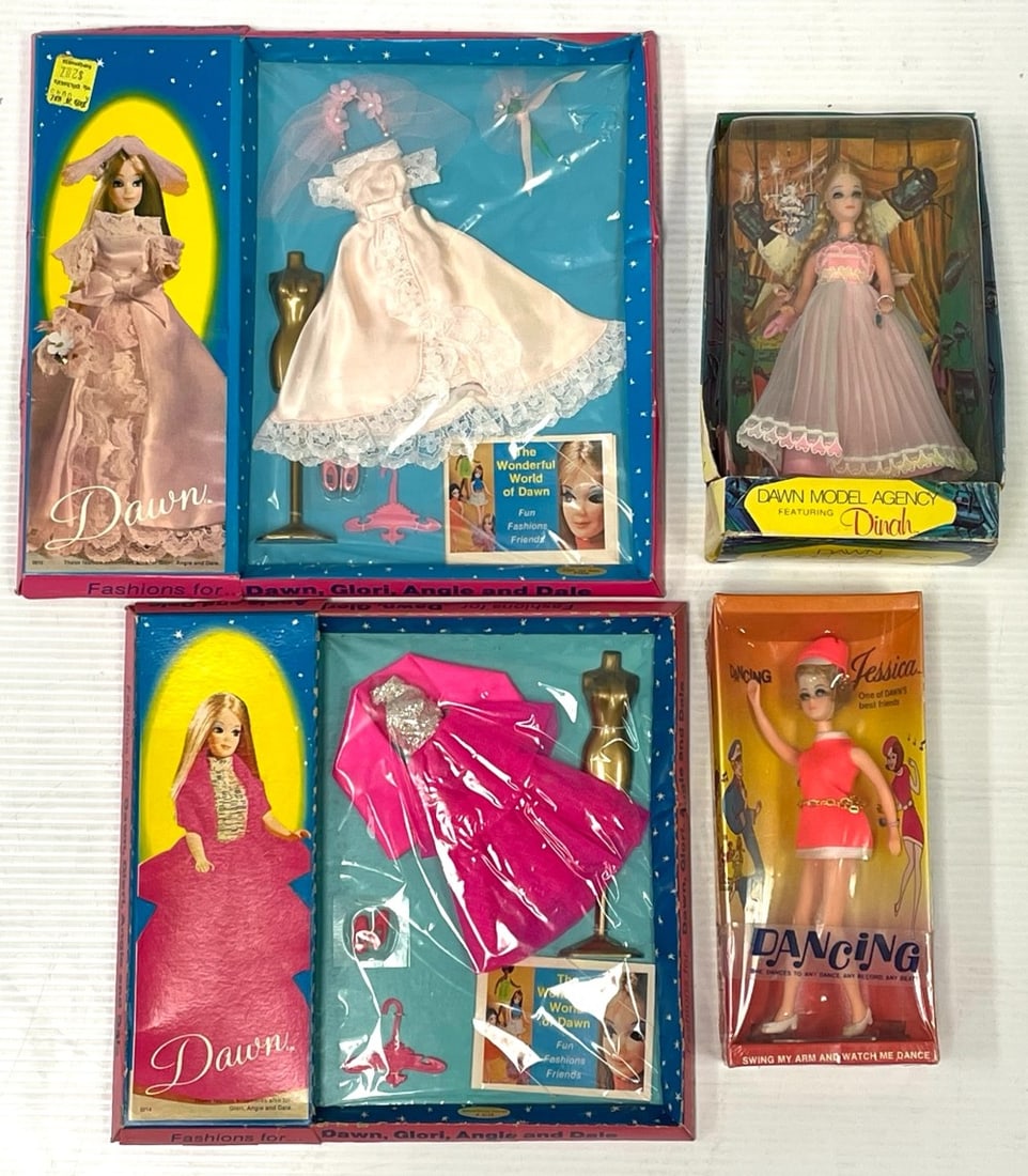 Vintage Topper Dawn Dolls and Outfits - in Original packaging: Dancing Jessica - plastic is intact around box. Dawn Model Agency featuring Dinah - box has tears on the bottom sides. There is some wear on the edges and corners. Dawn 0816 Down the Aisle Outfit - Th
