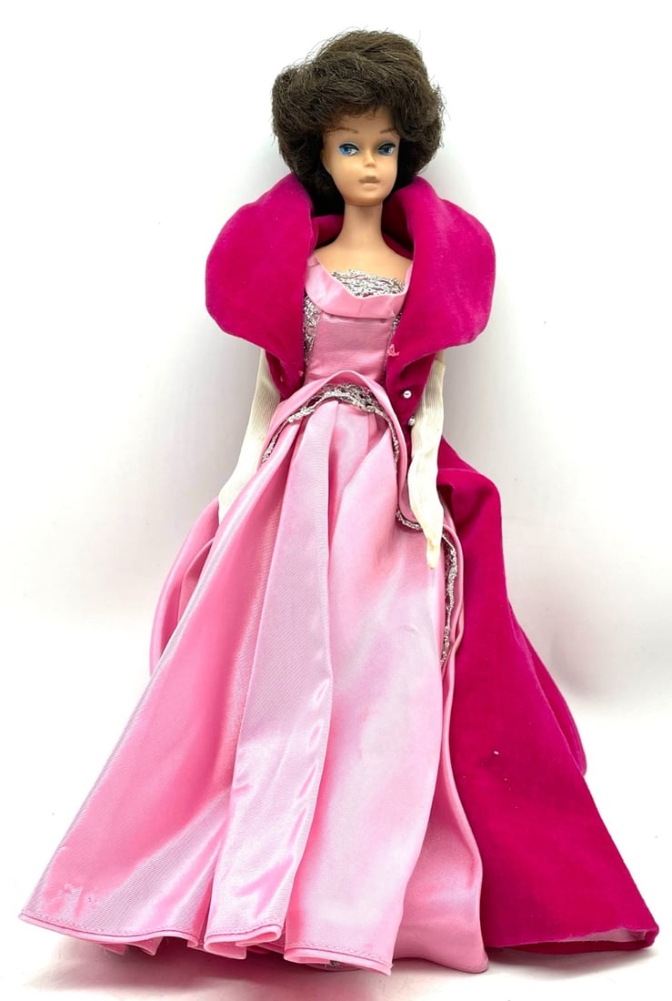 Vintage Brunette Bubble Cut Barbie #6 in Sophisticated Lady Outfit #5313: Body is a #6 solid torso marked: Barbie? MCMLVXIII Her limbs are firmly attached to her body and hold a pose with fingers and toe polish (could use a touchup) No bites, no missing digits. She has wear