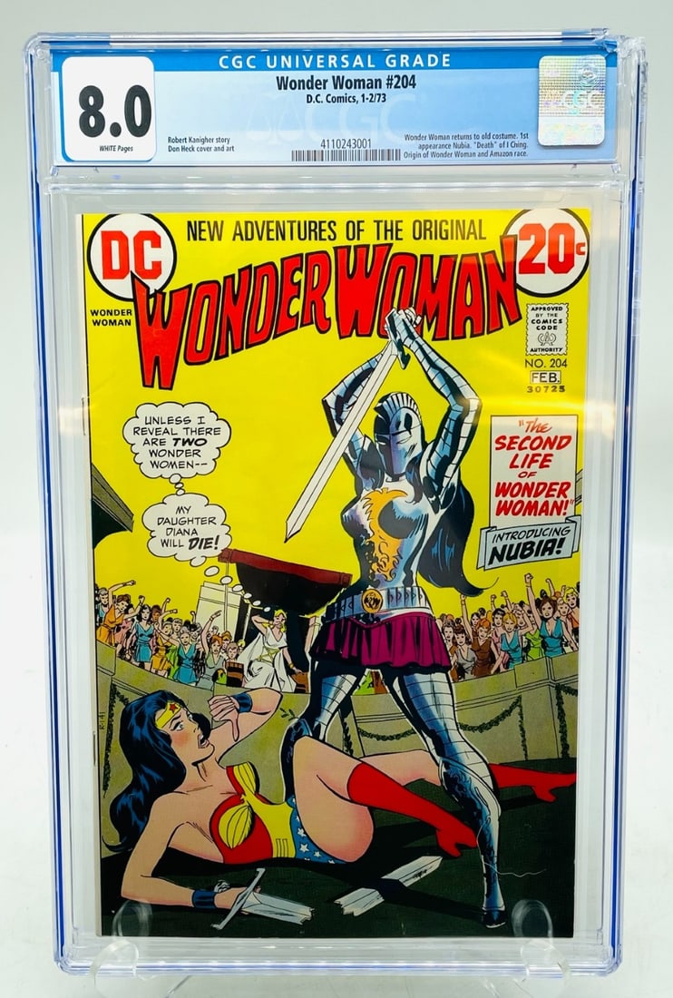 DC Comics Wonder Woman #204 CGC 8.0: DC Comics Wonder Woman #204 CGC 8.0. Wonder Woman Returns To Old Costume 1st Appearance Nubia ?Death?. Slab is Cracked on Corner.