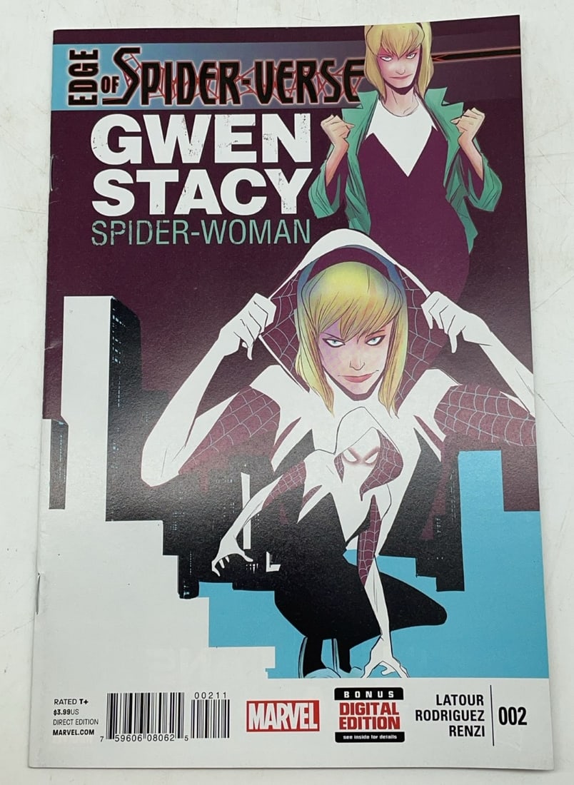 Edge of Spider-Verse Gwen Stacy #2: Edge of Spider-Verse Gwen Stacy #2. 1st Appearance of Gwen Stacy. Direct Edition comic has small spine ticks but is in overall good condition.