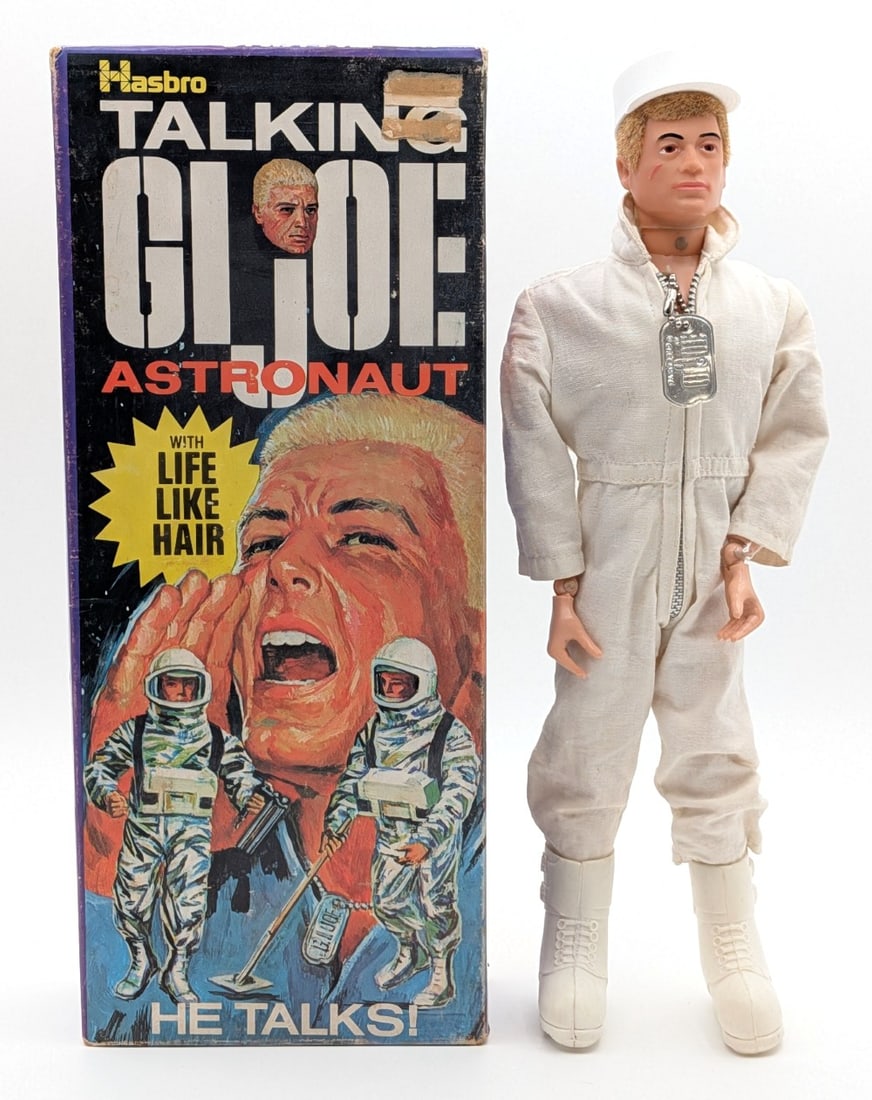 Vintage Hasbro Talking GI Joe Astronaut Figure #7405 w/ Box: Vintage Hasbro Talking GI Joe Astronaut figure #7405 with the box. The figure has life like hair and comes with uniform, boots, and dog tag. The talking mechanism works well, but is slightly muffled.