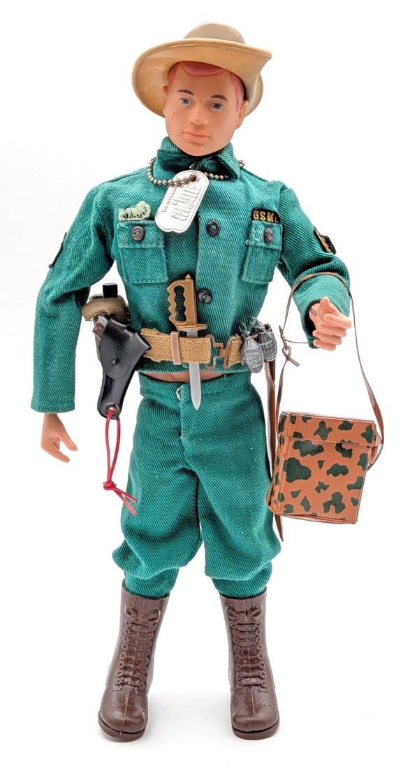 Vintage Hasbro GI Joe Marine Jungle Fighter Figure: Vintage Hasbro GI Joe Marine Jungle Fighter figure. The figure comes with the telephone, grenades, handgun, dog tag, hat, boots, and uniform. The figure is missing some of the accessories and shows th