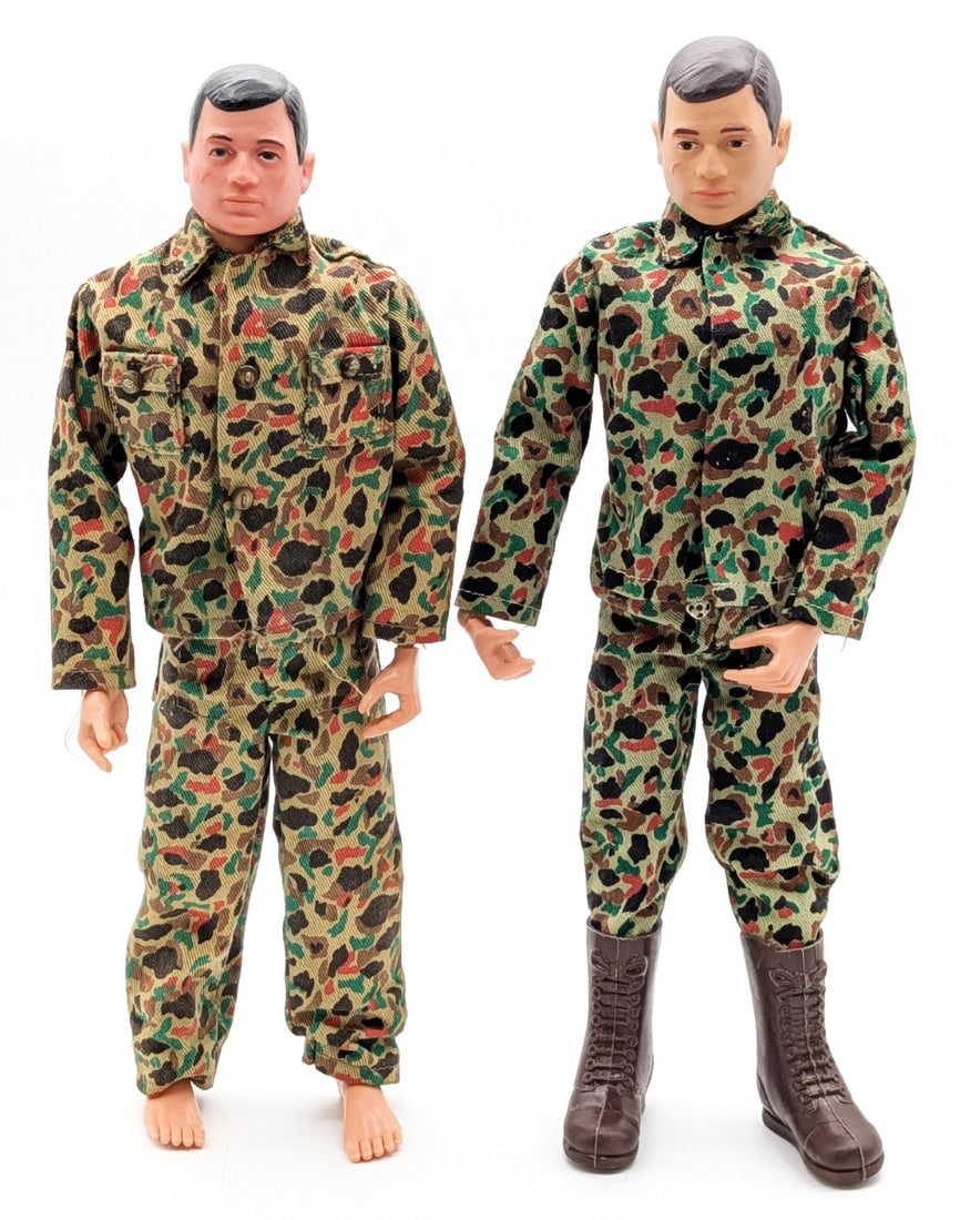 (2) Vintage Hasbro GI Joe Figures w/ Camouflage Outfits: (2) Vintage Hasbro GI Joe figures with camouflage outfits. The one figure comes with boots. Both have the usual stress cracks and wear from play and age.