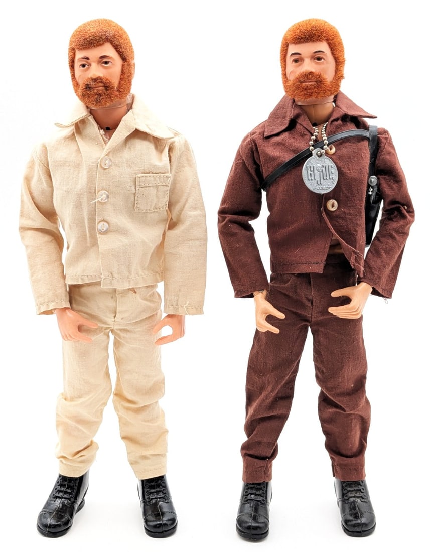 (2) Vintage Hasbro GI Joe Action Soldier Figures: (2) Vintage Hasbro GI Joe action soldier figures. The figures both have flocked life like hair. The one comes with a holster and pistol plus dog tag. Both have the usual stress cracks and wear from