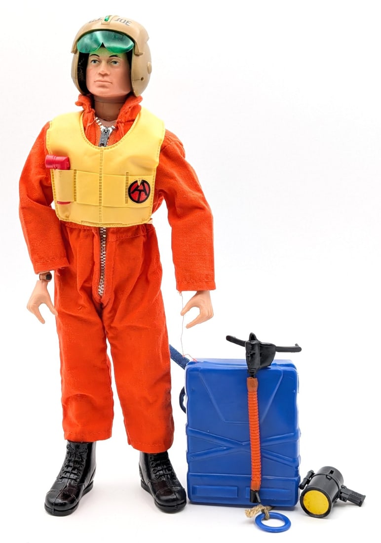 Vintage Hasbro GI Joe Fantastic Freefall Figure: Vintage Hasbro GI Joe fantastic freefall outfit with figure. The set comes with parachute box, helmet, and signal light. It is missing the parachute. The figure shows the usual stress cracks and wear