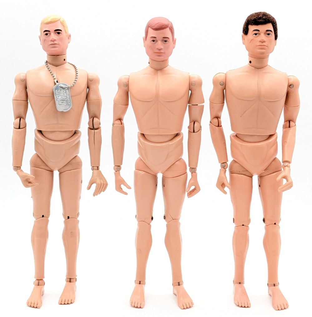 (3) Vintage Hasbro GI Joe Action Figures: (3) Vintage Hasbro GI Joe action figures. The figures have blonde painted hair, brown painted hair, and flocked hair. The figures have stress cracks and wear from play and age.