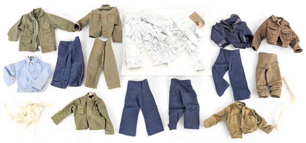 Vintage Hasbro GI Joe Outfits / Uniforms: Vintage Hasbro GI Joe outfits and uniforms. Includes astronaut outfit, Navy Sailor outfit, and army fatigues. The clothing shoes some wear from age and play.