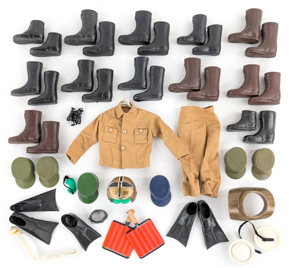 Vintage Hasbro GI Joe Boots, Hats, and Outfits: Vintage Hasbro GI Joe boots, hats / helmets, and outfits. The items show wear from play and age.