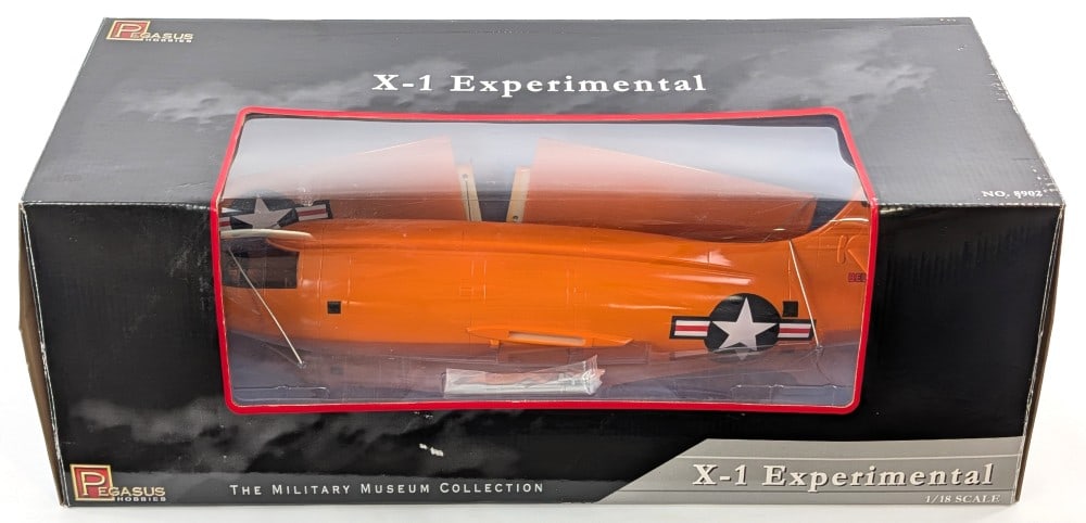 1/18 Scale Pegasus Hobbies Bell X-1 Experimental Aircraft Model Replica: 1/18 Scale Pegasus Hobbies Bell X-1 experimental aircraft model replica. It is in good condition and new in the box. The box has some light wear from storage and a price tag sticker peeled off on the