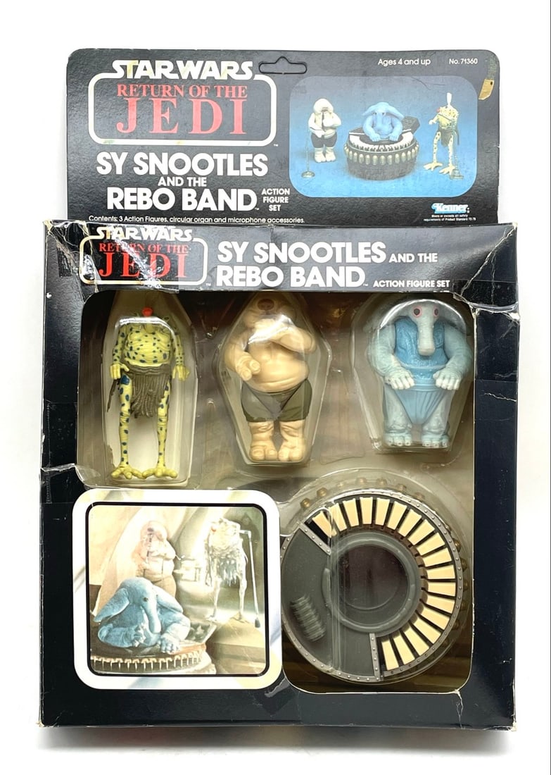 1983 Kenner Star Wars Sy Snootles and The Rebo Band: 1983 Kenner Star Wars Sy Snootles and The Rebo Band Set. Box is not Sealed and Figures have been unsealed and being held by styrofoam Back. Box has some wear and tape but unpunched.