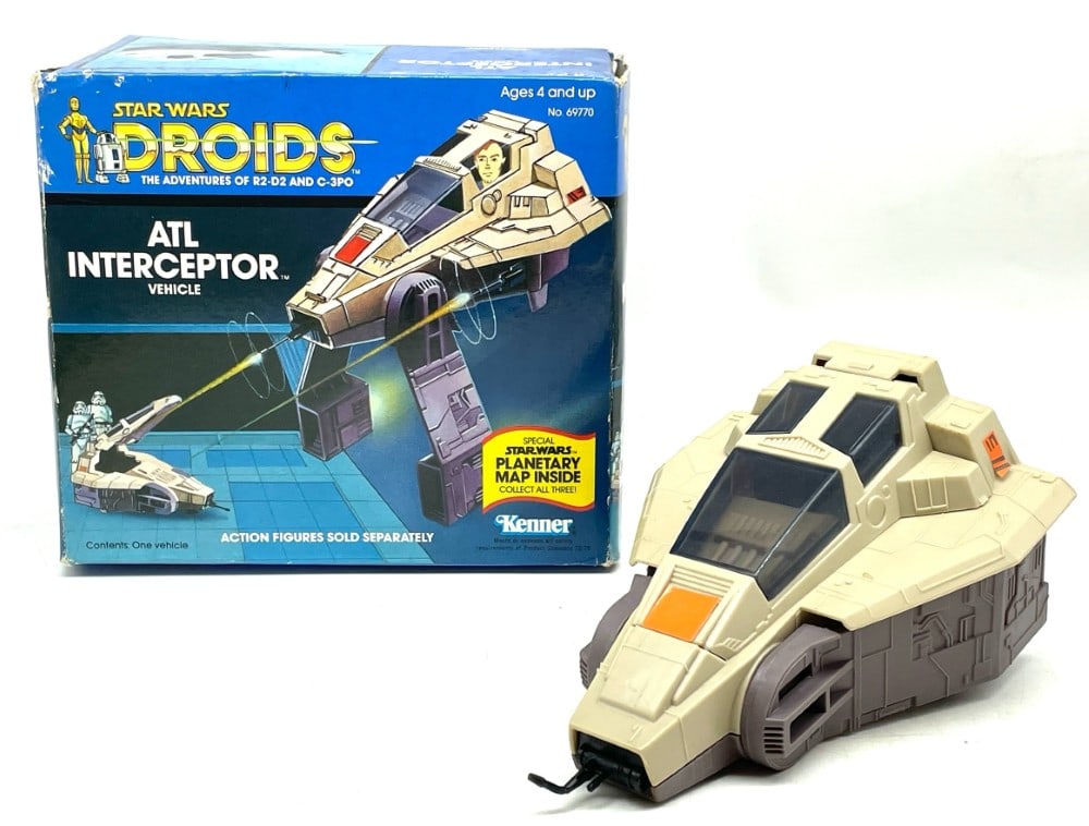1985 Star Wars Droids ATL Interceptor Vehicle: 1985 Star Wars Droids ATL Interceptor Vehicle. Vehicle is in overall good condition with no Map or Manual. Box has some wear on edges.