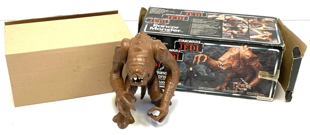 1983 Star Wars Rancor Monster Palitoy Figure: 1983 Star Wars Rancor Monster Palitoy Figure. Figure Box is not sealed. Box has some wear on edges. Figure Measures 9