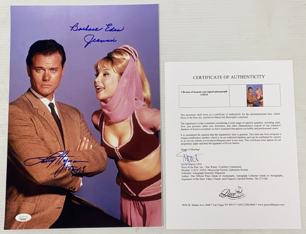 I Dream of Jeanie Cast Signed Photograph: I Dream of Jeanie Cast Signed Photograph. Barbara Eden and Larry Hagman Signed Photograph with JSA and Piece of the Past. 10? x 15