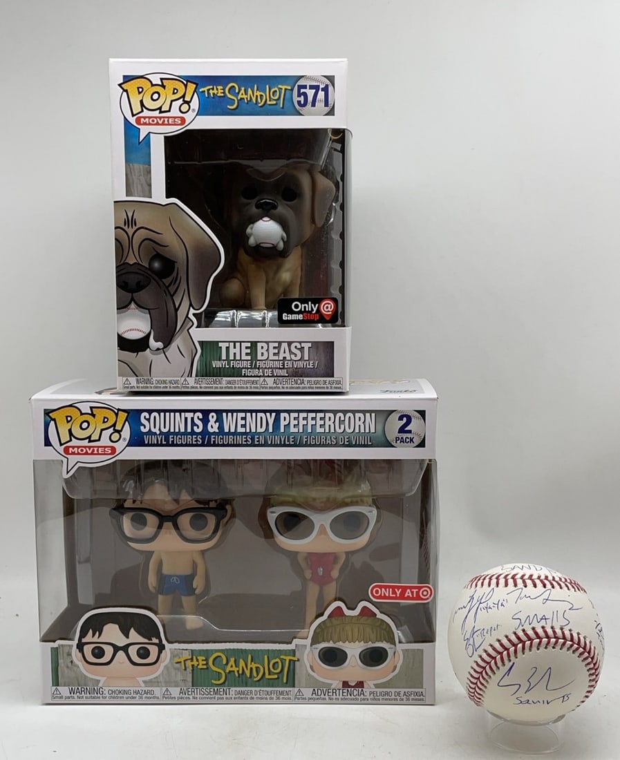 The Sandlot Signed Baseball and Funko Pops: The Sandlot Signed Baseball and Funko Pops. Baseball is signed by Patrick Renna, Marty York, Tom Guiry, Shane Obedzinski, Chauncey Leopardi, Brandon Adam?s. JSA Authenticated. Funkos include GameStop