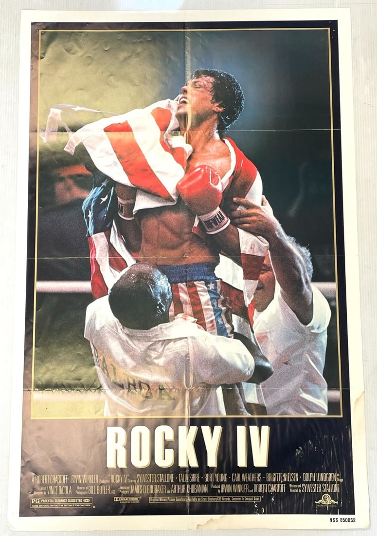 1985 Rocky IV Movie Poster: 1985 Rocky IV Movie Poster. Poster has Creases and Water Damage on bottom right and has Edge-Ware. 27? x 41