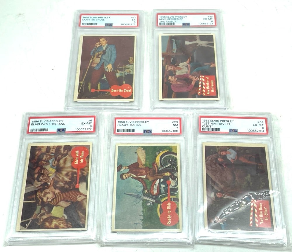 (5) Graded 1956 Elvis Presley Trading Cards: (5) Graded 1956 Elvis Presley Trading Cards. Don?t Be Cruel PSA 5, New Member of the Family PSA 6, Elvis with his Fans PSA 6, Ready to Ride PSA 7, Let Him Have It Clint PSA 6.