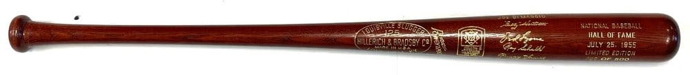 1955 National Baseball HOF Limited Edition Bat: 1955 National Baseball HOF Limited Edition Bat. Member Exclusive 222/500 Baseball Bat. Players include Joe DiMaggio, ?Gabby? Hartnett, Ted Lyons, Ray Schalk , Dazzy Vance and Frank Baker.