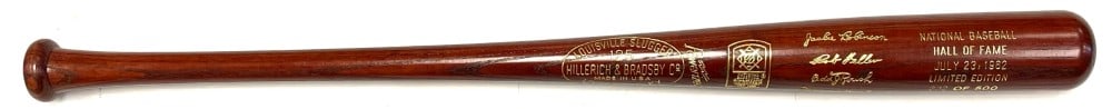 1962 National Baseball HOF Limited Edition Bat: 1962 National Baseball HOF Limited Edition Bat. Members Exclusive 222/500 Baseball Bat. Player includes Jackie Robinson, Bob Feller, Bill McKechnie, and Edd Roush